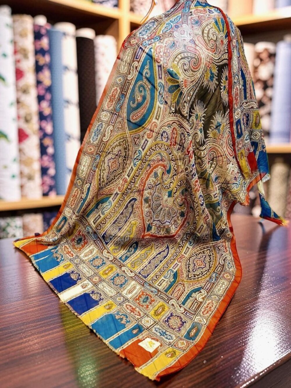 ETRO 100% Silk  Chiffon Lg 64"x26 blue black red brown beige paisley Fringe (34